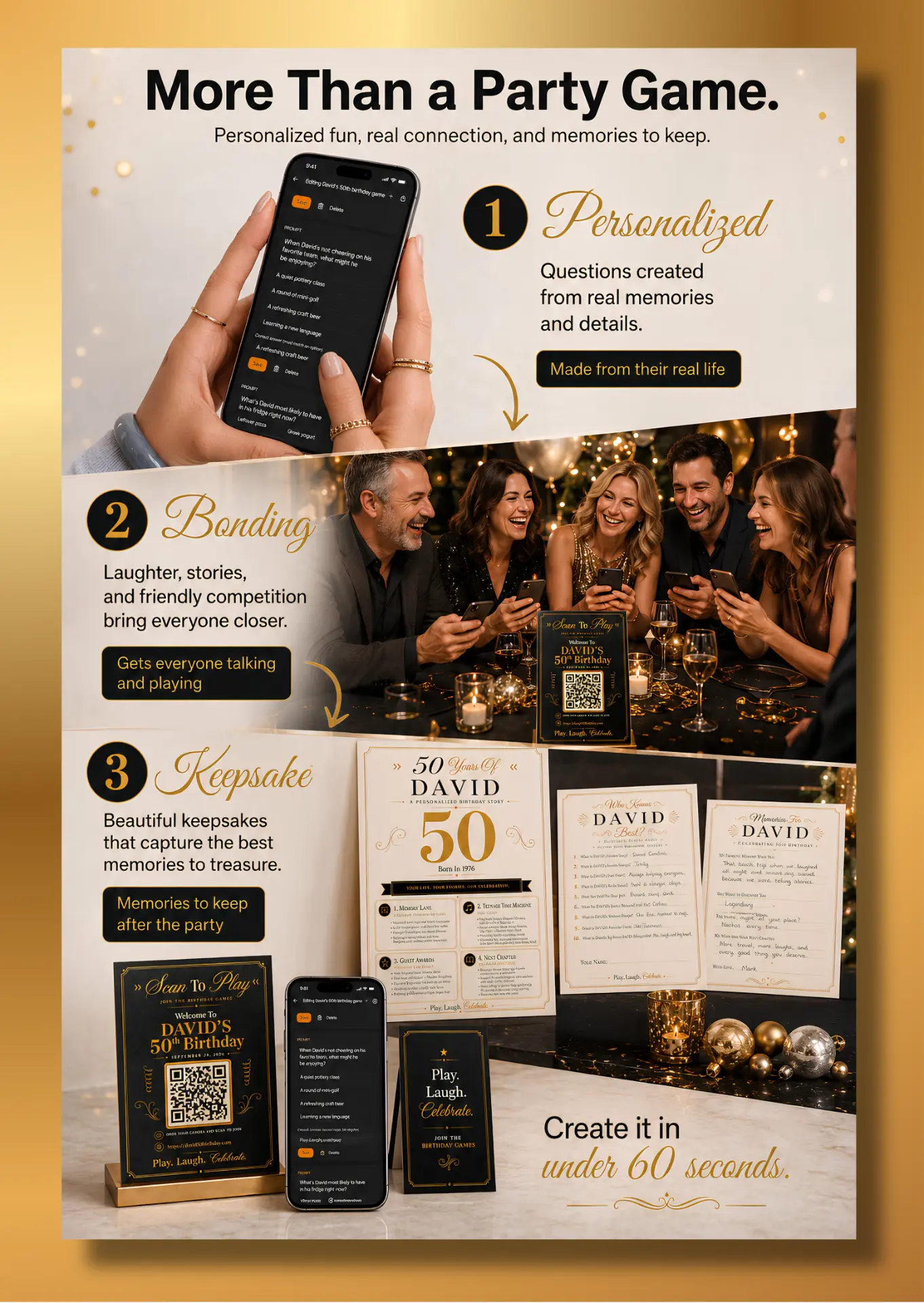 Personalized milestone birthday printables and phone experience preview.