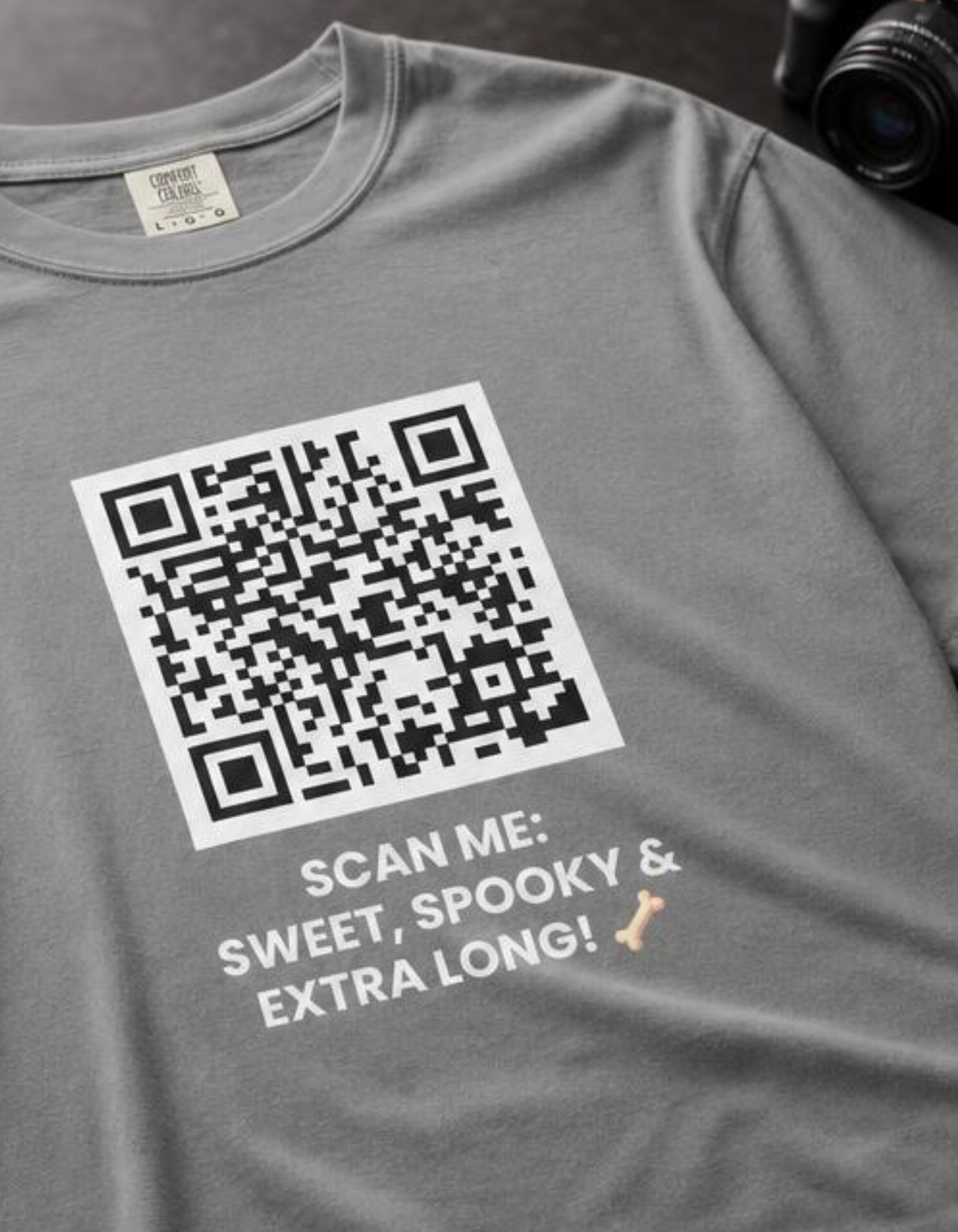 SCAN ME:  SWEET, SPOOKY & EXTRA LONG! 🦴 Halloween QR Code T-Shirt