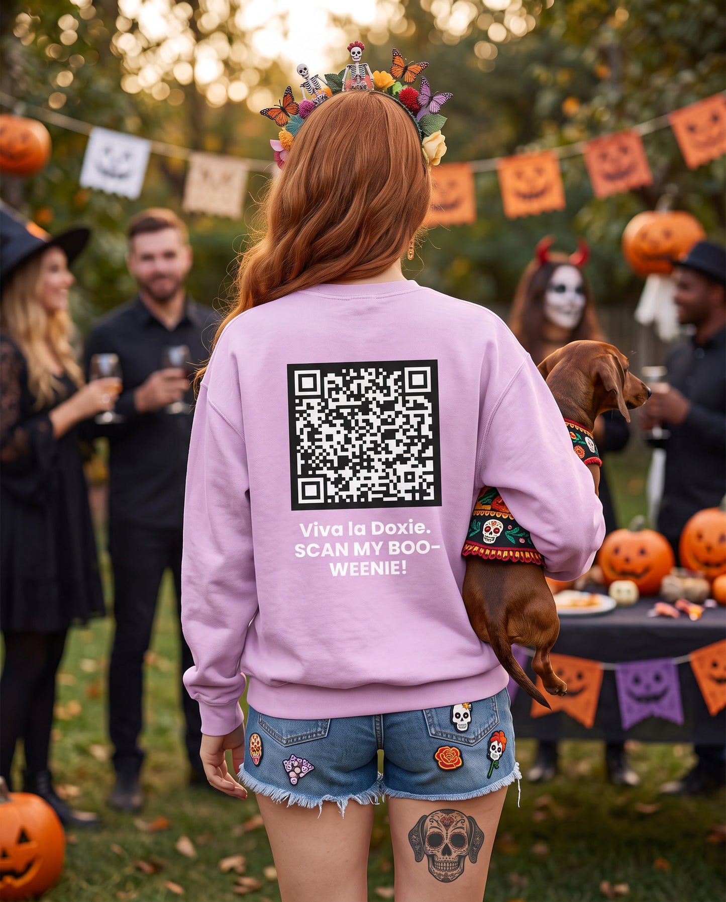 Viva la Doxie!  🌸👻 SCAN MY BOO-WEENIE! 🎃🧟 Halloween QR Code Sweatshirt