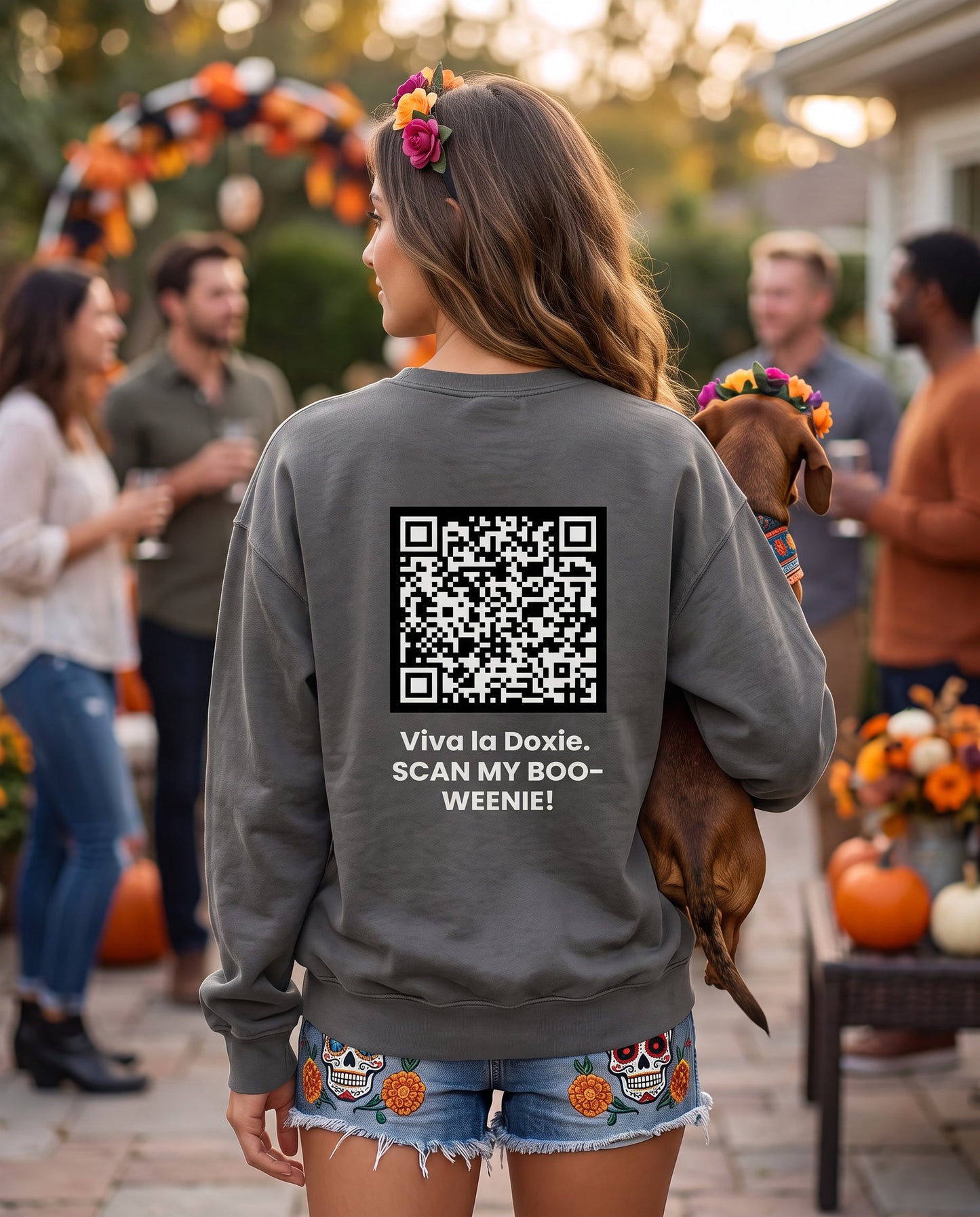 Viva la Doxie!  🌸👻 SCAN MY BOO-WEENIE! 🎃🧟 Halloween QR Code Sweatshirt
