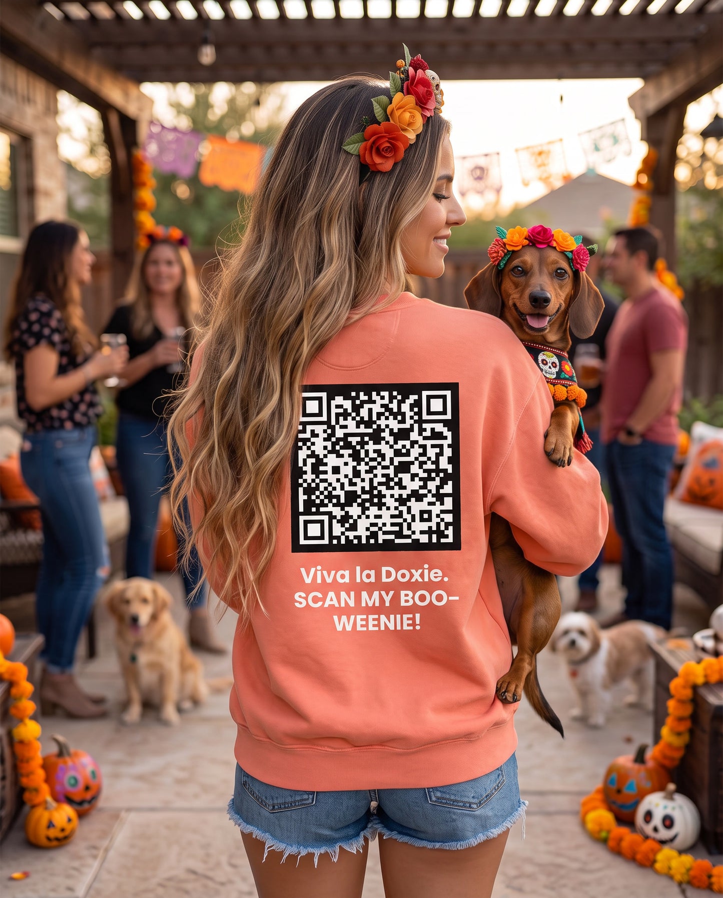 Viva la Doxie!  🌸👻 SCAN MY BOO-WEENIE! 🎃🧟 Halloween QR Code Sweatshirt