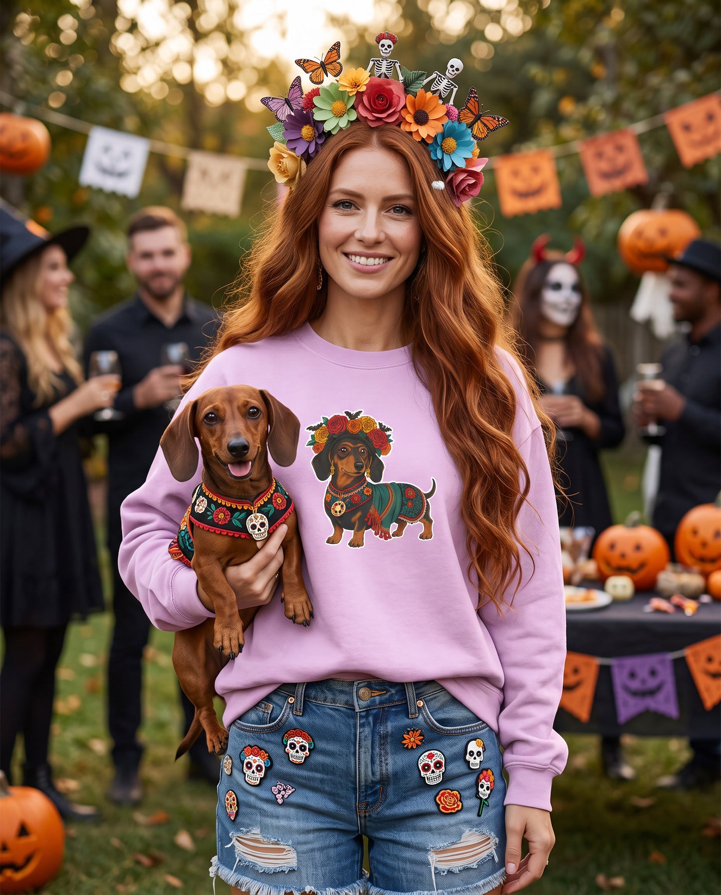 Viva la Doxie!  🌸👻 SCAN MY BOO-WEENIE! 🎃🧟 Halloween QR Code Sweatshirt