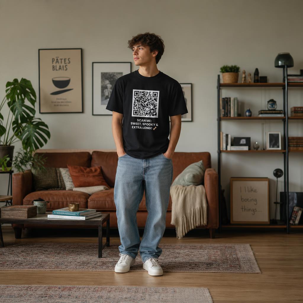 SCAN ME:  SWEET, SPOOKY & EXTRA LONG! 🦴 Halloween QR Code T-Shirt