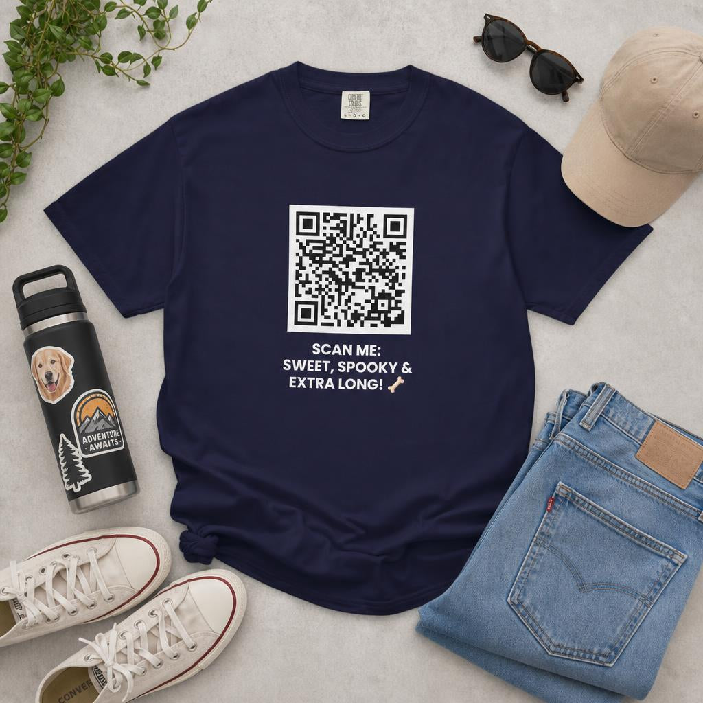 SCAN ME:  SWEET, SPOOKY & EXTRA LONG! 🦴 Halloween QR Code T-Shirt
