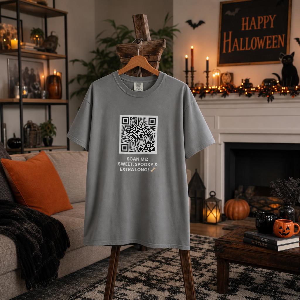 SCAN ME:  SWEET, SPOOKY & EXTRA LONG! 🦴 Halloween QR Code T-Shirt