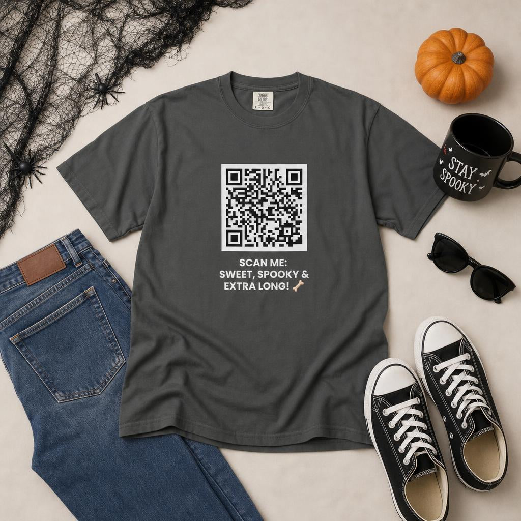 SCAN ME:  SWEET, SPOOKY & EXTRA LONG! 🦴 Halloween QR Code T-Shirt
